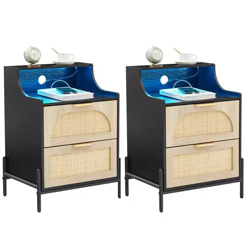 2 Pack Wooden Rattan Nightstand, Charging Station & LED Lights, USB Ports/Outlets, 3 Rattan Drawers, Black for Bedroom
