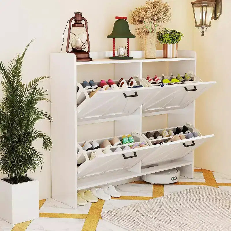 Zevemomo White Shoe Cabinet with 4 Flip Drawers, Hidden Shoe Rack with Adjustable Shelf for Entryway, Hallway, Living Room