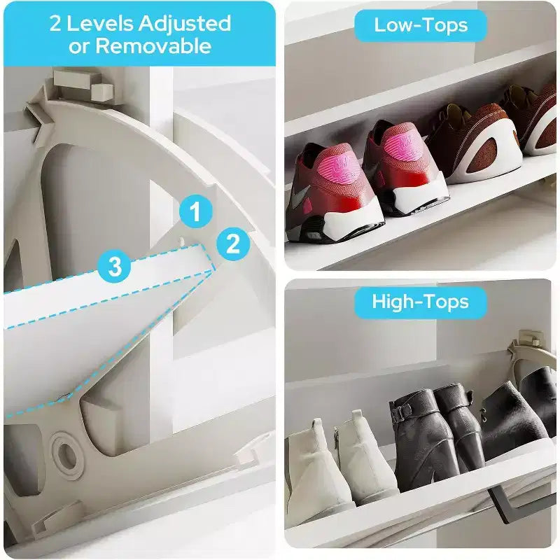 Meuble à chaussures blanc avec 4 tiroirs basculants, étagère à chaussures cachée avec étagère réglable