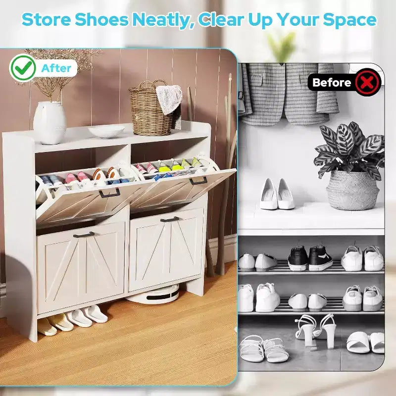 Meuble à chaussures blanc avec 4 tiroirs basculants, étagère à chaussures cachée avec étagère réglable