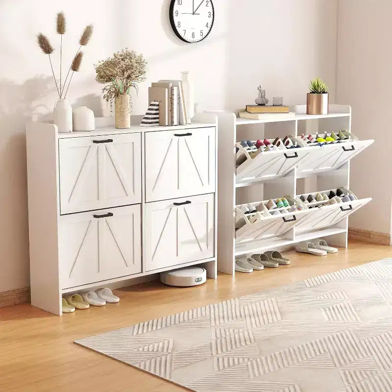 Meuble à chaussures blanc avec 4 tiroirs basculants, étagère à chaussures cachée avec étagère réglable