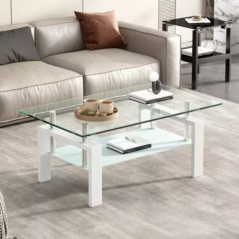 Tempered Clear Glass Coffee Table, 2-Tier Modern Center Table with Storage for Living Room