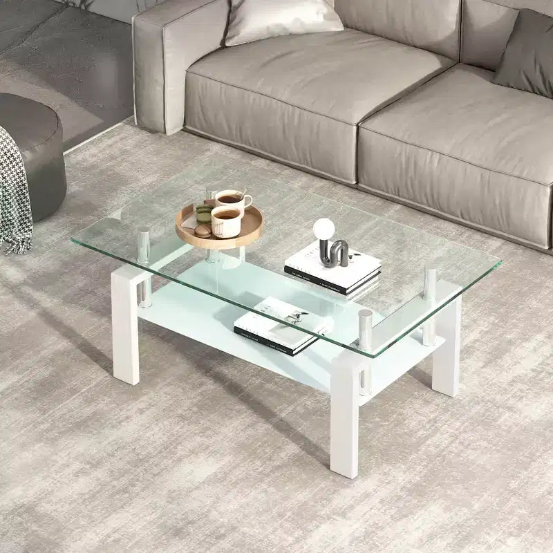 Table basse en verre trempé transparent, table basse moderne à 2 niveaux