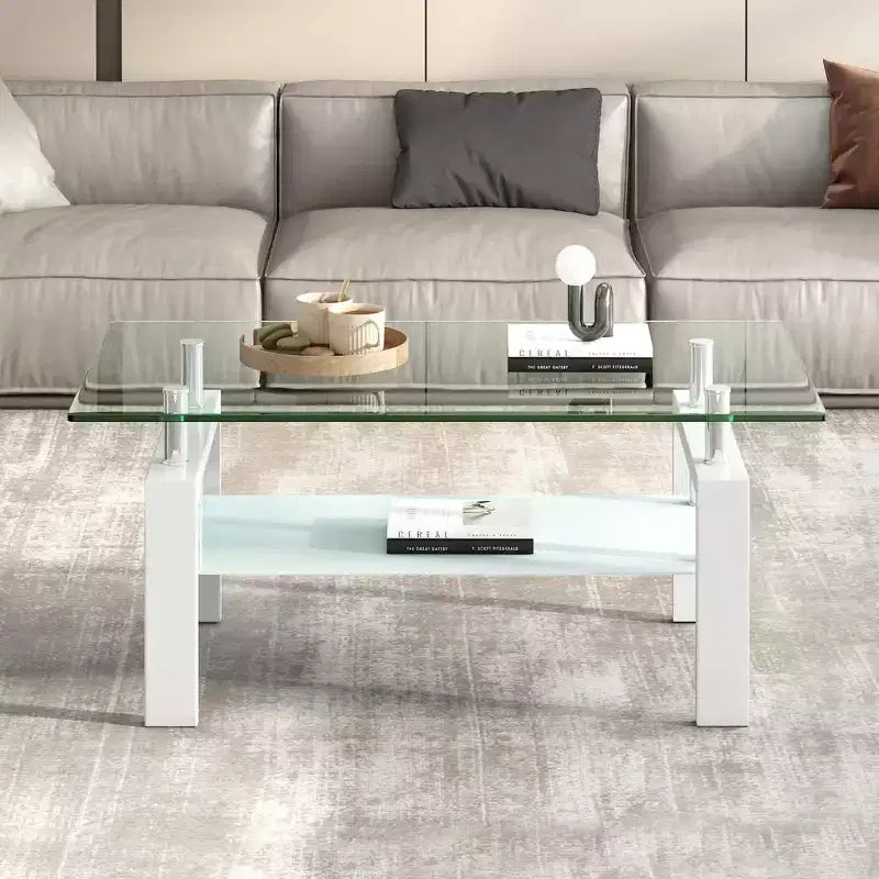 Table basse en verre trempé transparent, table basse moderne à 2 niveaux