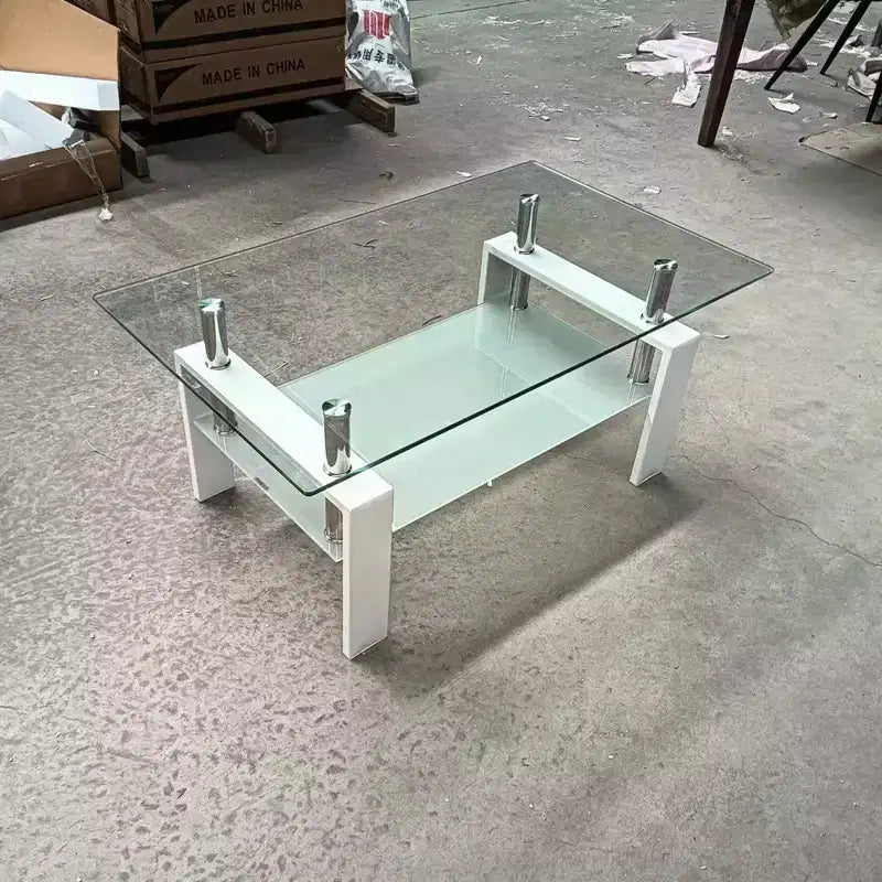 Table basse en verre trempé transparent, table basse moderne à 2 niveaux