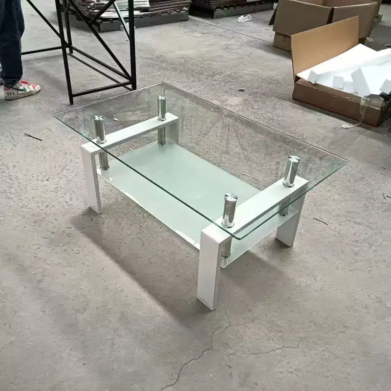 Table basse en verre trempé transparent, table basse moderne à 2 niveaux
