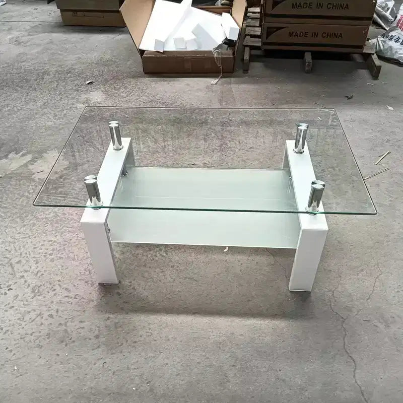 Table basse en verre trempé transparent, table basse moderne à 2 niveaux