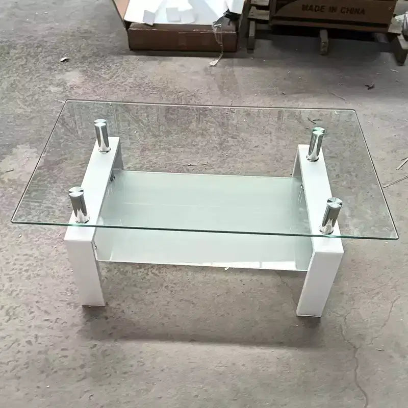Table basse en verre trempé transparent, table basse moderne à 2 niveaux