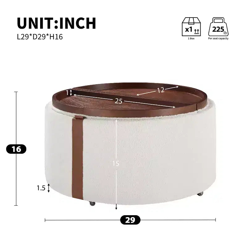 Pouf de rangement rond en bois rembourré de style contemporain moderne