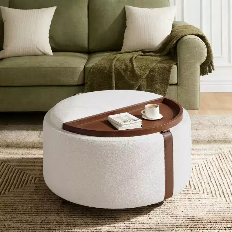 GDFStudio Bennett Modern Contemporary Upholstered Wood Round Storage Ottoman with Casters and Reversible Tray Lids