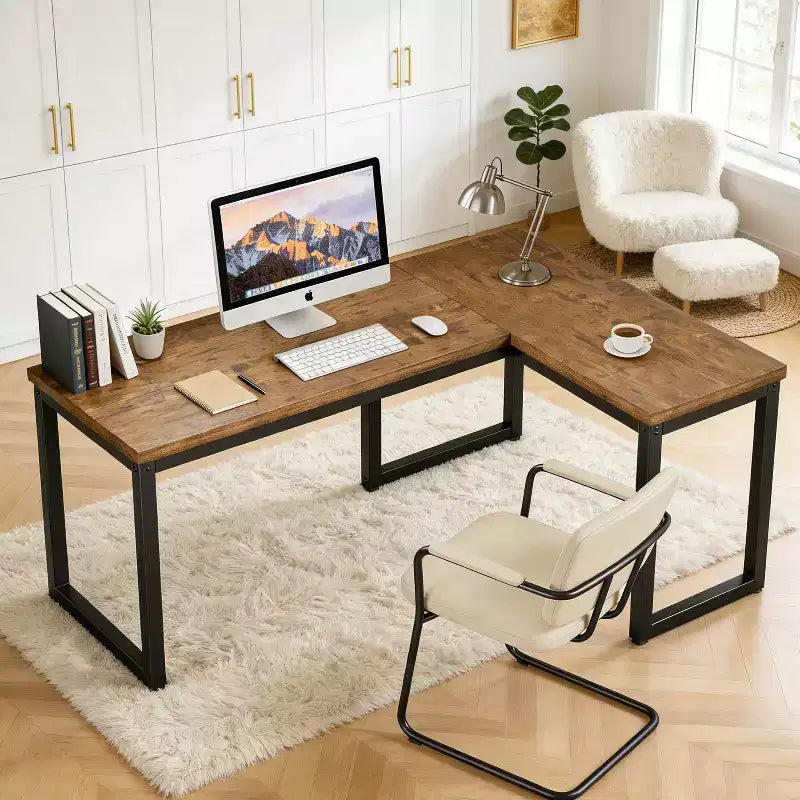 Dyonery 66 Inch L-Shaped Corner Computer Desk, 1.2 Extra-Thick Desktop, Heavy-Duty Metal Frame, Home Office Gaming Writing Workstation, Rustic Brown