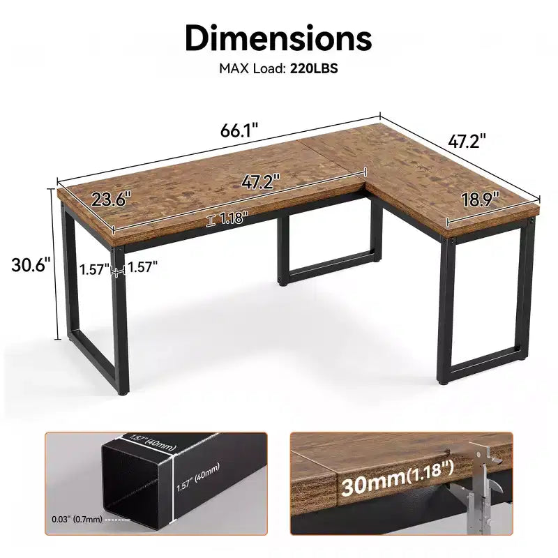 Bureau d'angle en L, plateau de 3 cm d'épaisseur, cadre métallique robuste