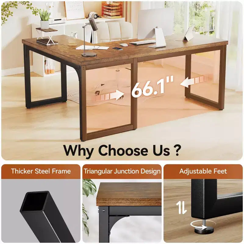 Bureau d'angle en L, plateau de 3 cm d'épaisseur, cadre métallique robuste