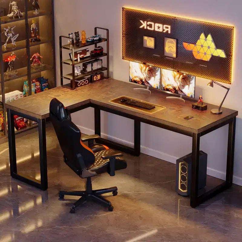 Bureau d'angle en L, plateau de 3 cm d'épaisseur, cadre métallique robuste