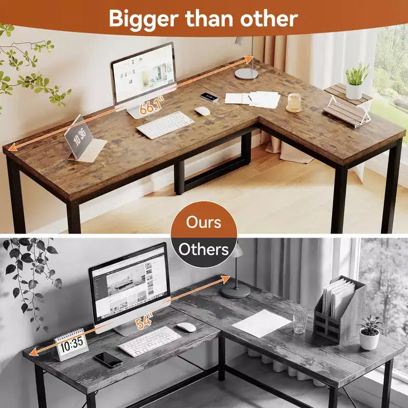 Bureau d'angle en L, plateau de 3 cm d'épaisseur, cadre métallique robuste