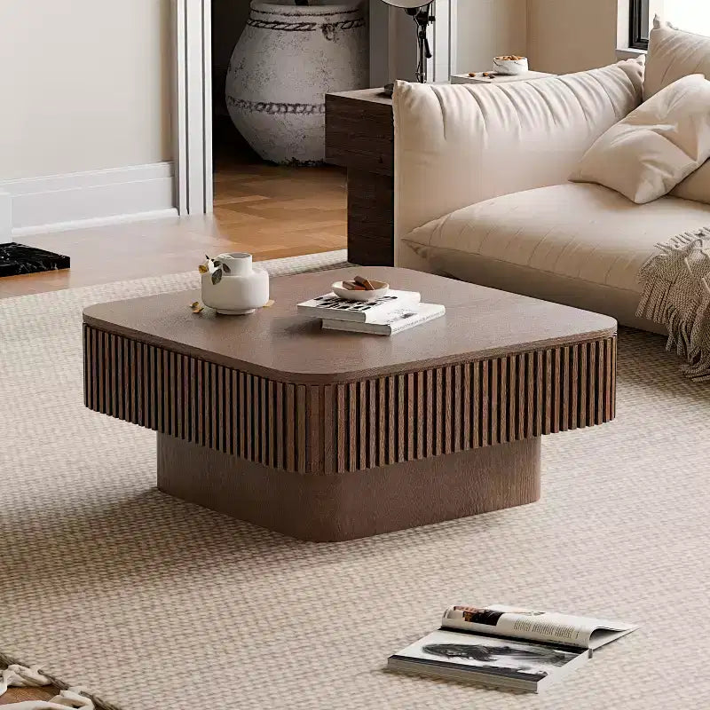 Table Basse Carrée avec Rangement, Table de Salon Centrale Moderne en Bois, Noyer