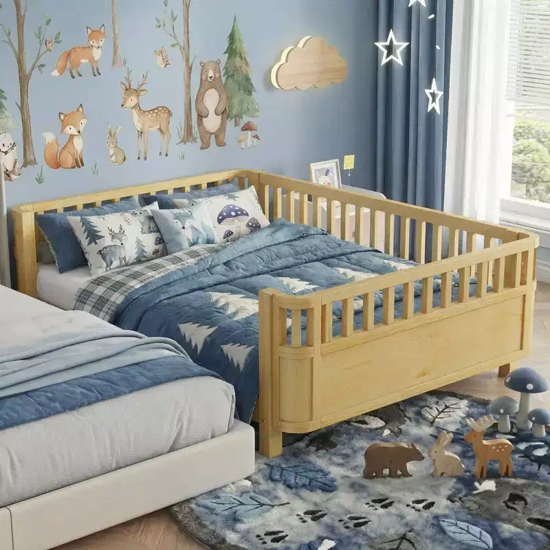 JVNOXK Full Size Wood Platform Bed for Kids, Low Profile Natural Wooden Bed with Safety Rails for Boys & Girls