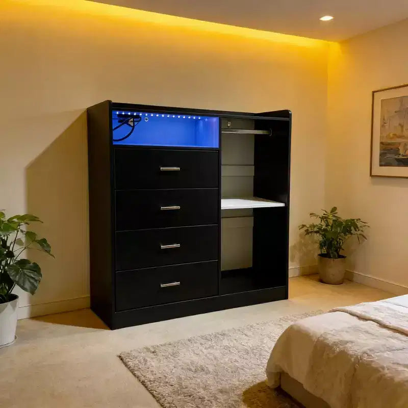 Commode Moderne à LED avec Armoire Ouverte, 4 Tiroirs et Design Peu Encombrant