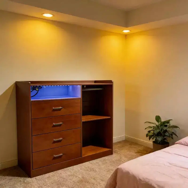 Commode Moderne à LED avec Armoire Ouverte, 4 Tiroirs et Design Peu Encombrant