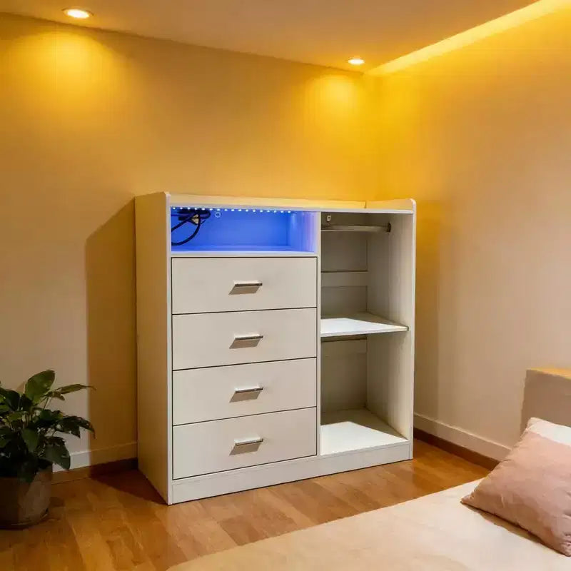 Commode Moderne à LED avec Armoire Ouverte, 4 Tiroirs et Design Peu Encombrant
