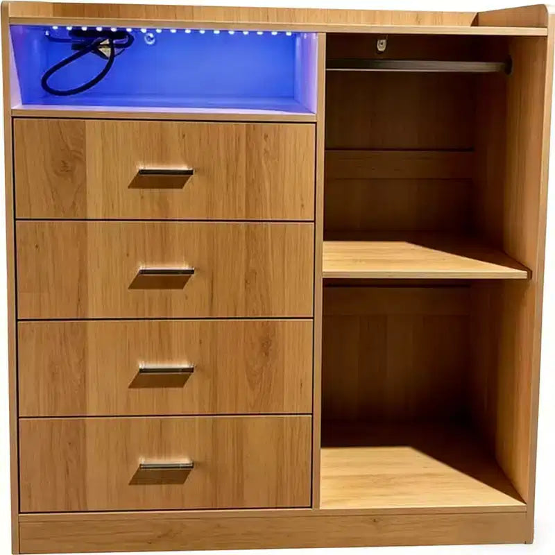 Commode Moderne à LED avec Armoire Ouverte, 4 Tiroirs et Design Peu Encombrant