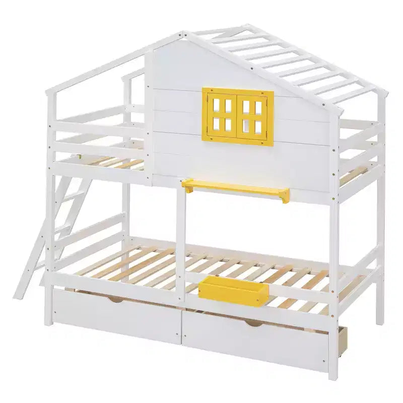 Lit superposé maison avec lits jumeaux, 2 tiroirs, étagères de rangement et fenêtre