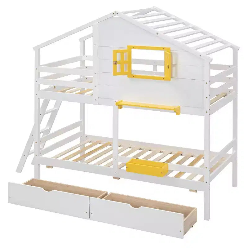 Lit superposé maison avec lits jumeaux, 2 tiroirs, étagères de rangement et fenêtre