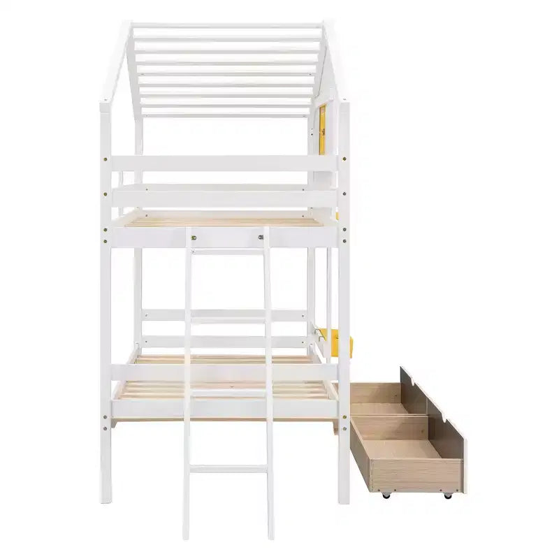 Lit superposé maison avec lits jumeaux, 2 tiroirs, étagères de rangement et fenêtre