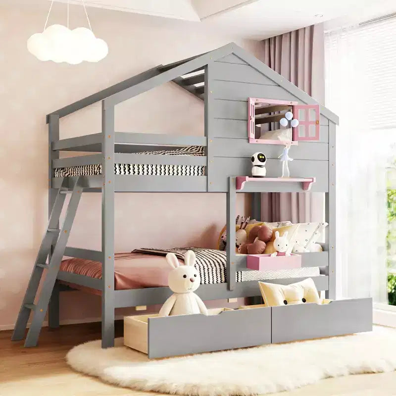 Lit superposé maison avec lits jumeaux, 2 tiroirs, étagères de rangement et fenêtre