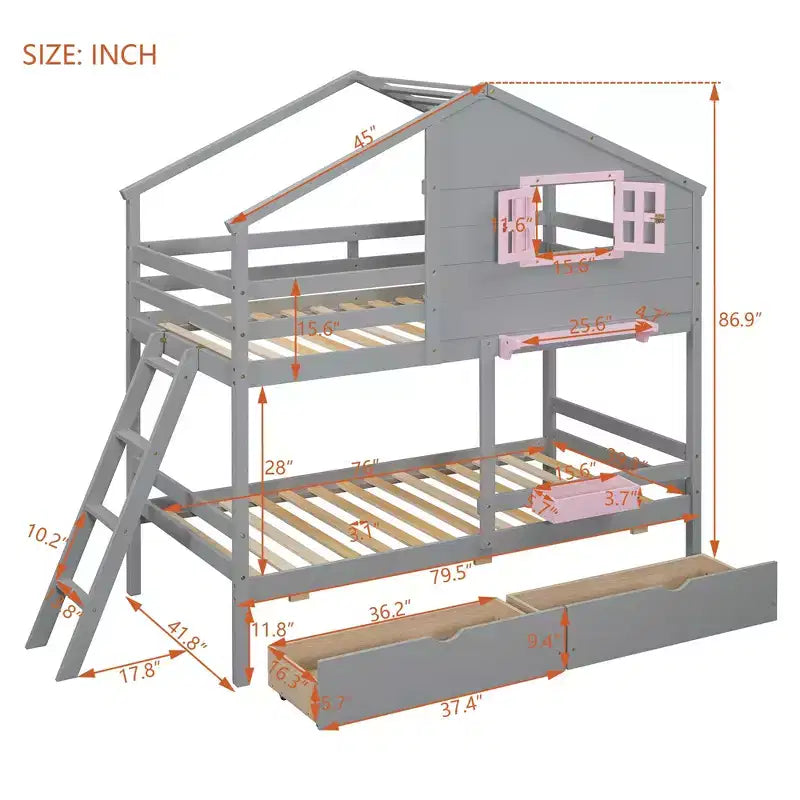 Lit superposé maison avec lits jumeaux, 2 tiroirs, étagères de rangement et fenêtre