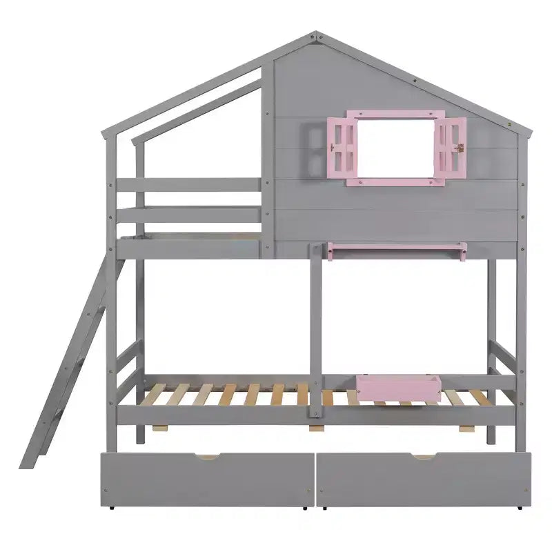 Lit superposé maison avec lits jumeaux, 2 tiroirs, étagères de rangement et fenêtre