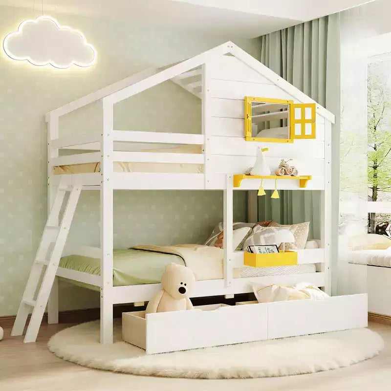 Lit superposé maison avec lits jumeaux, 2 tiroirs, étagères de rangement et fenêtre