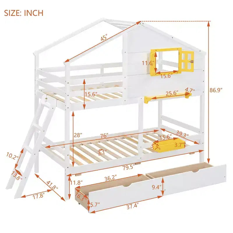 Lit superposé maison avec lits jumeaux, 2 tiroirs, étagères de rangement et fenêtre