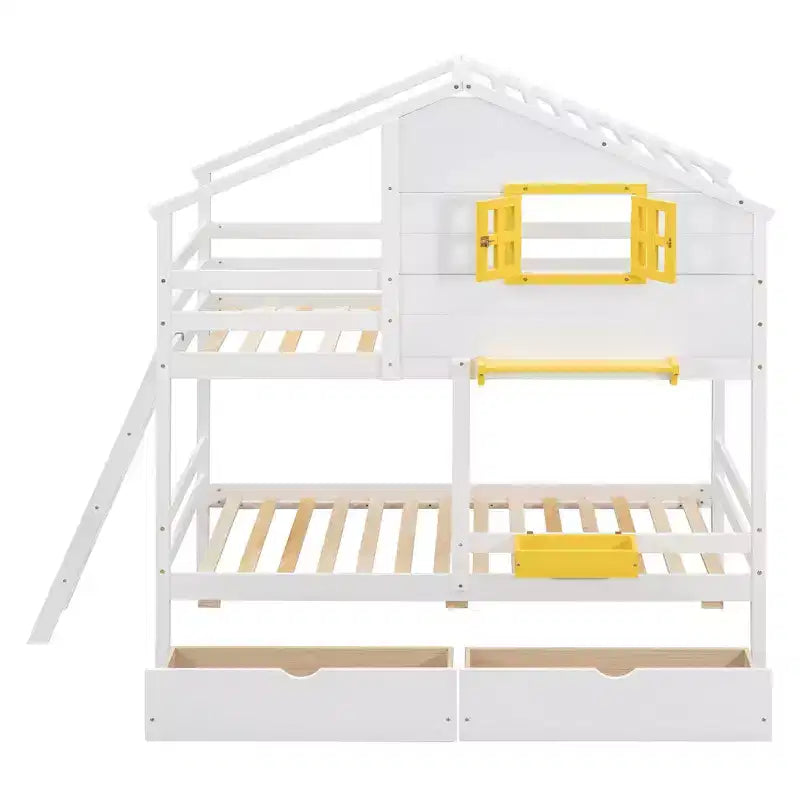 Lit superposé maison avec lits jumeaux, 2 tiroirs, étagères de rangement et fenêtre