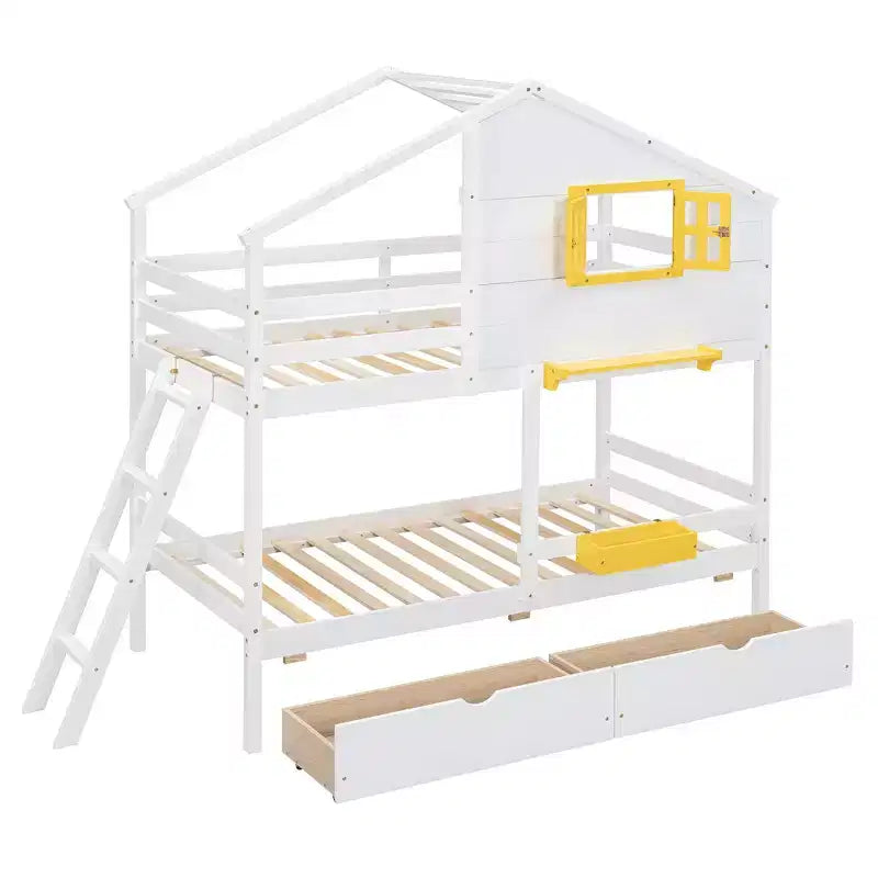 Lit superposé maison avec lits jumeaux, 2 tiroirs, étagères de rangement et fenêtre