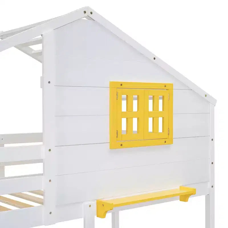 Lit superposé maison avec lits jumeaux, 2 tiroirs, étagères de rangement et fenêtre