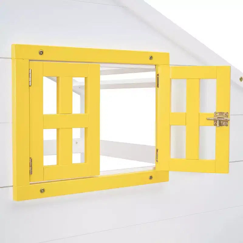 Lit superposé maison avec lits jumeaux, 2 tiroirs, étagères de rangement et fenêtre