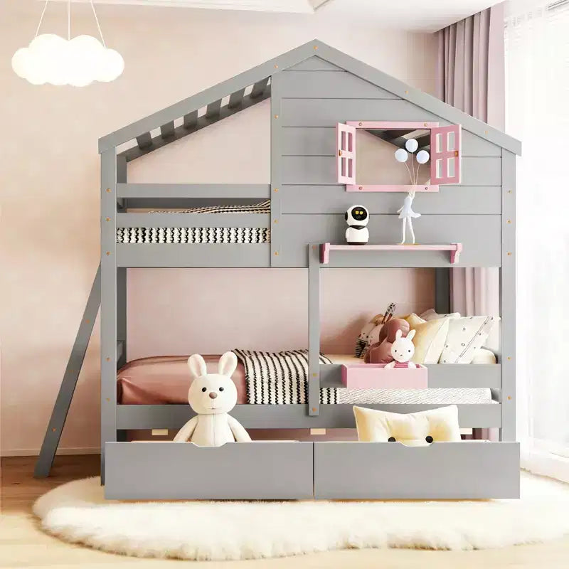 Luxystar Twin over Twin House Bunk Bed with 2 Drawers, Storage Shelves and Window