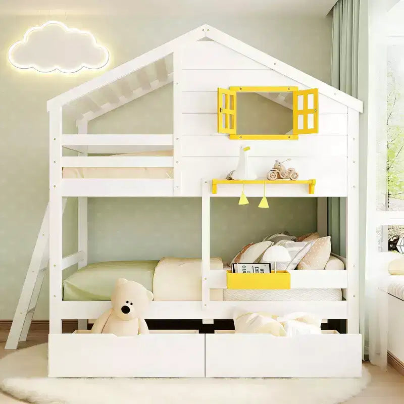 Lit superposé maison avec lits jumeaux, 2 tiroirs, étagères de rangement et fenêtre