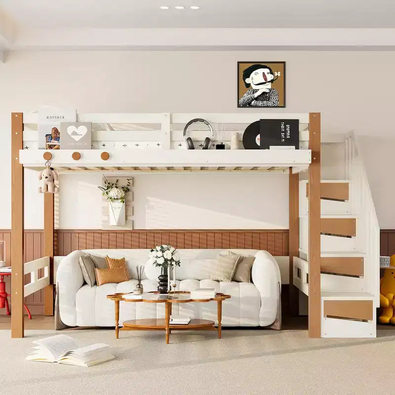 GDFStudio Landy Modern Loft Bed with Clothes Hook, Storage Shelves and Underbed Space