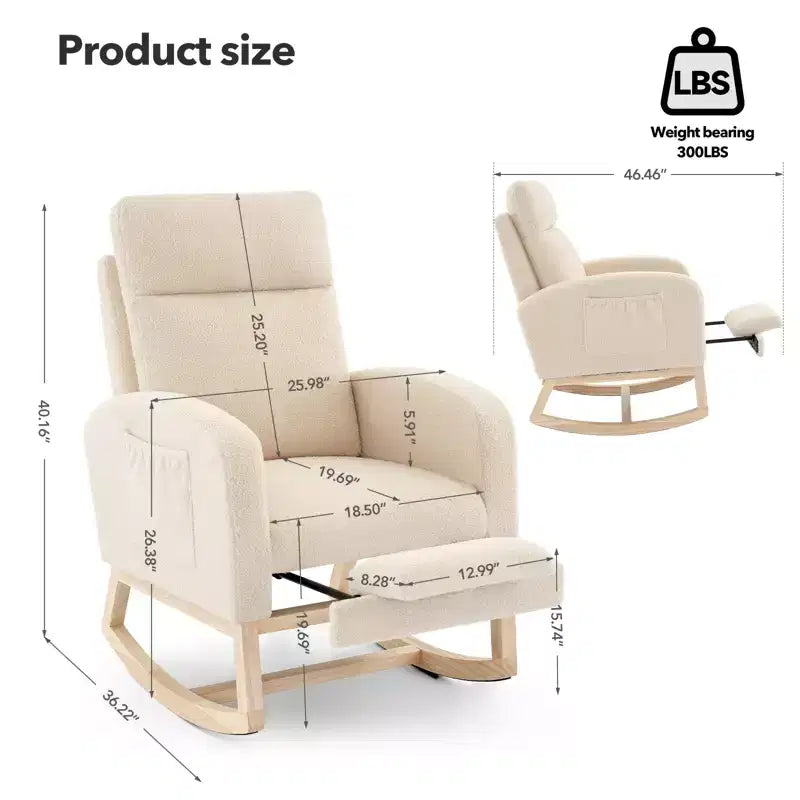 Fauteuil à bascule de puériculture rembourré Teddy, planeur en bois de 136 kg avec dossier haut