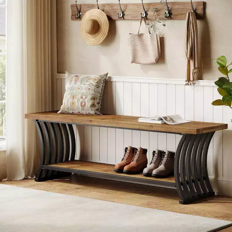 Lantine Industrial Entryway Bench with Shelf, Wood End of Bed Shoe Bench, 55 Long Storage Benches for Bedroom, Hallway, Foyer, Entry, Brown & Black