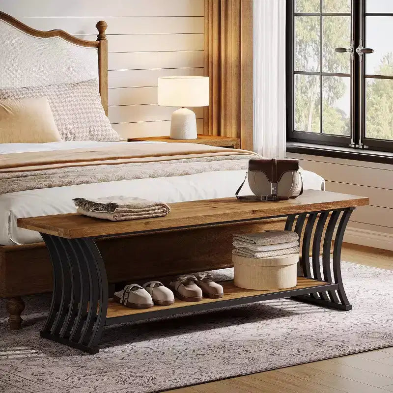 Banc d'entrée industriel avec étagère, banc à chaussures en bois pour bout de lit