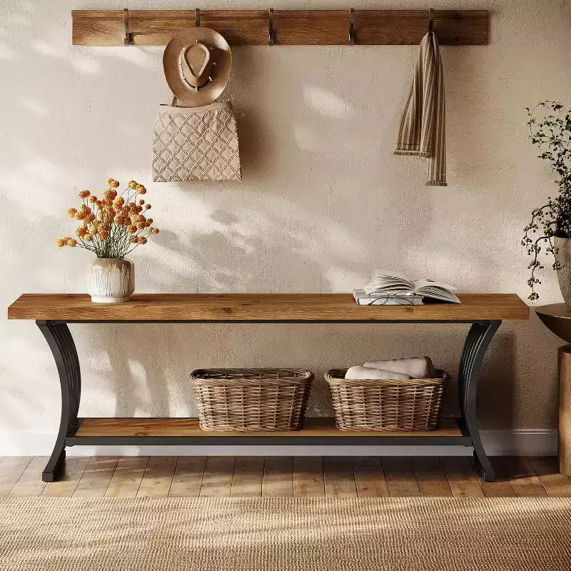 Banc d'entrée industriel avec étagère, banc à chaussures en bois pour bout de lit