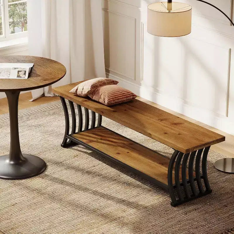 Banc d'entrée industriel avec étagère, banc à chaussures en bois pour bout de lit