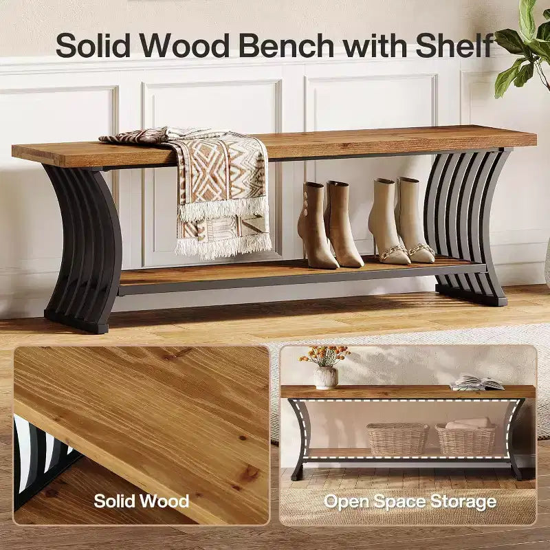 Banc d'entrée industriel avec étagère, banc à chaussures en bois pour bout de lit