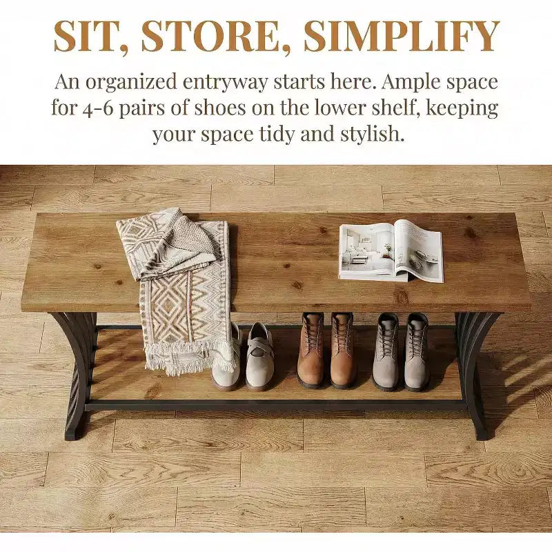 Banc d'entrée industriel avec étagère, banc à chaussures en bois pour bout de lit