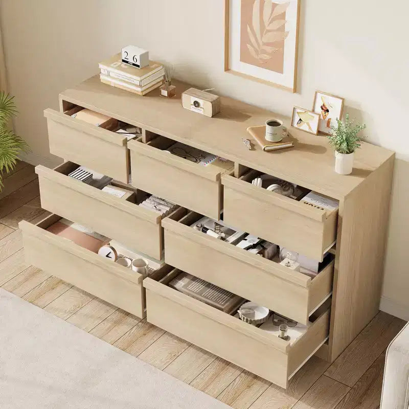 Commode à 7 tiroirs en chêne naturel pour chambre à coucher, commode en bois avec grande capacité de rangement