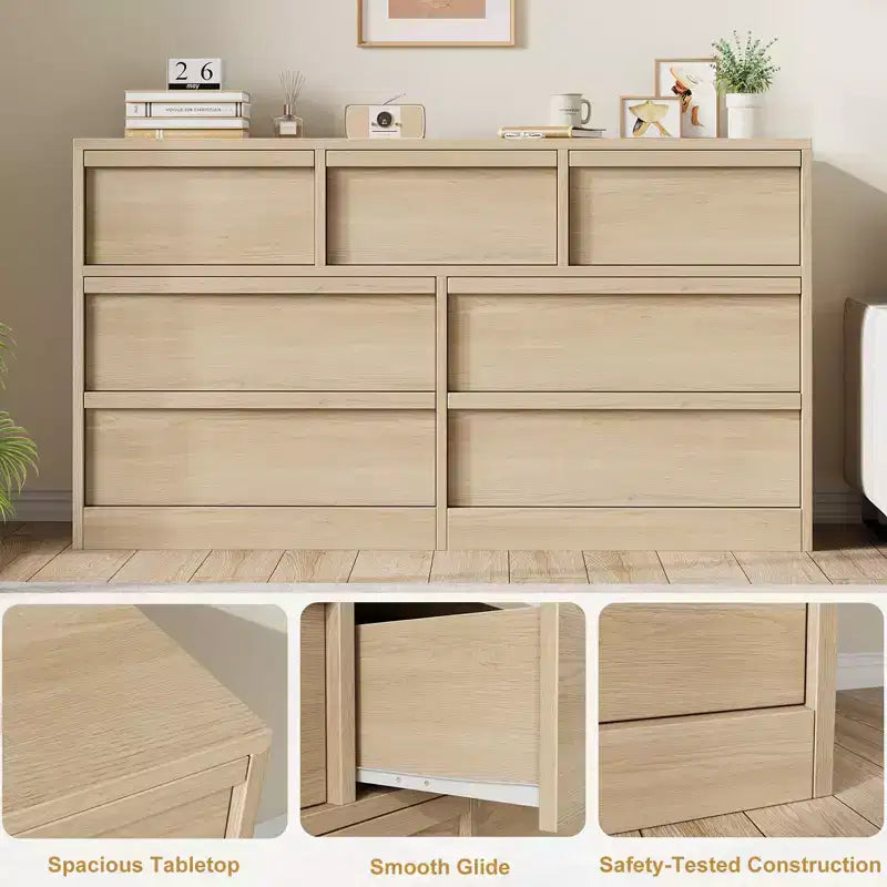 Commode à 7 tiroirs en chêne naturel pour chambre à coucher, commode en bois avec grande capacité de rangement