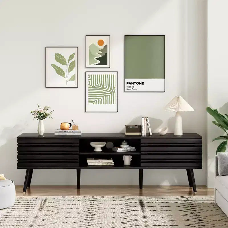JVNOXK Mid Century Modern TV Stands for up to 70 TV with Storage, Fluted Wood TV Stand for Living Room, Boho Media Console,Dark Walnut